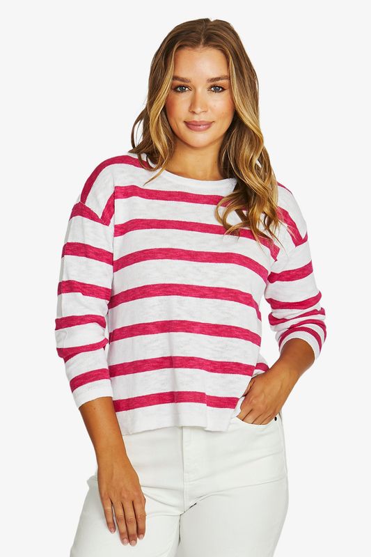 Jump - Slub Stripe Pullover / White/Hot Pink 61611003A