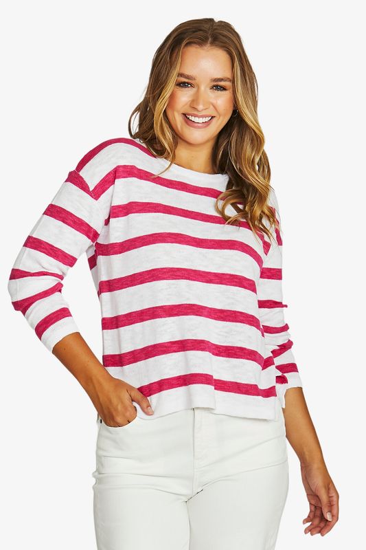 Jump - Slub Stripe Pullover / White/Hot Pink 61611003A