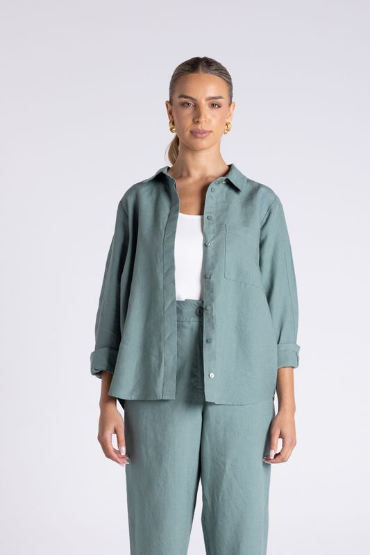 Two T's - Sofia Shirt With Gold Buttons / Frosted Fern 3446
