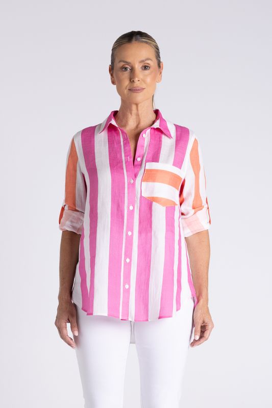 Two T's - Candy Stripe O/Sized Shirt / Pink &amp; Orange Stripe 3493