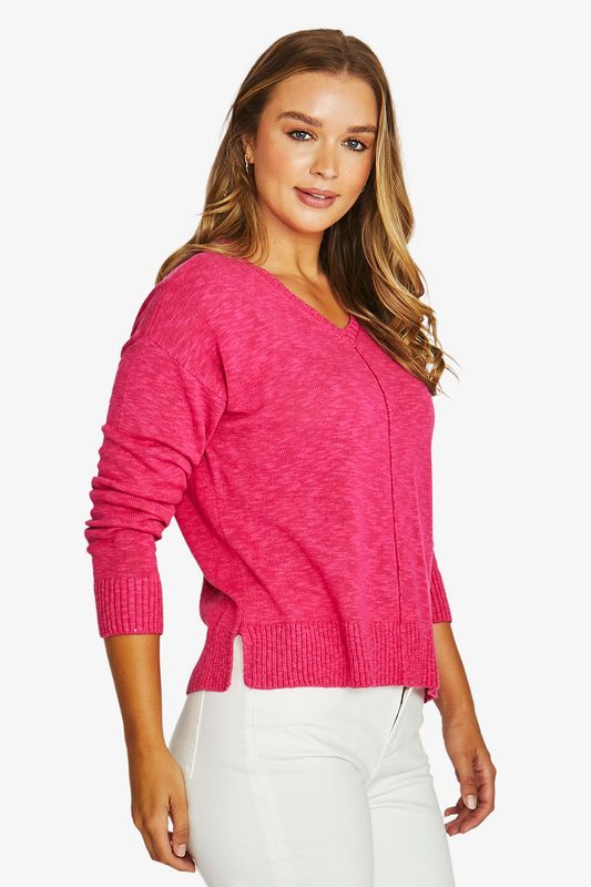 Jump - V-Neck Slub Pullover / Hot Pink 61611002A
