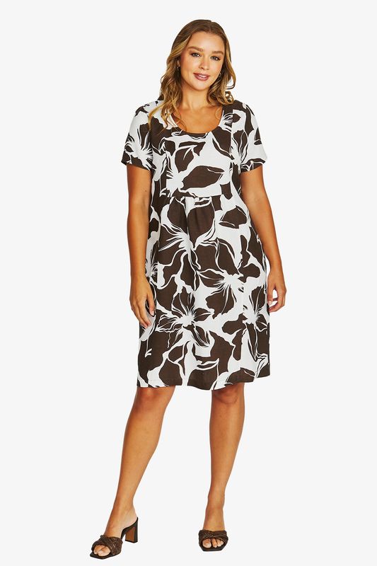 Jump - Lush Mono Gather Dress / Choc/Wht 616J5106A