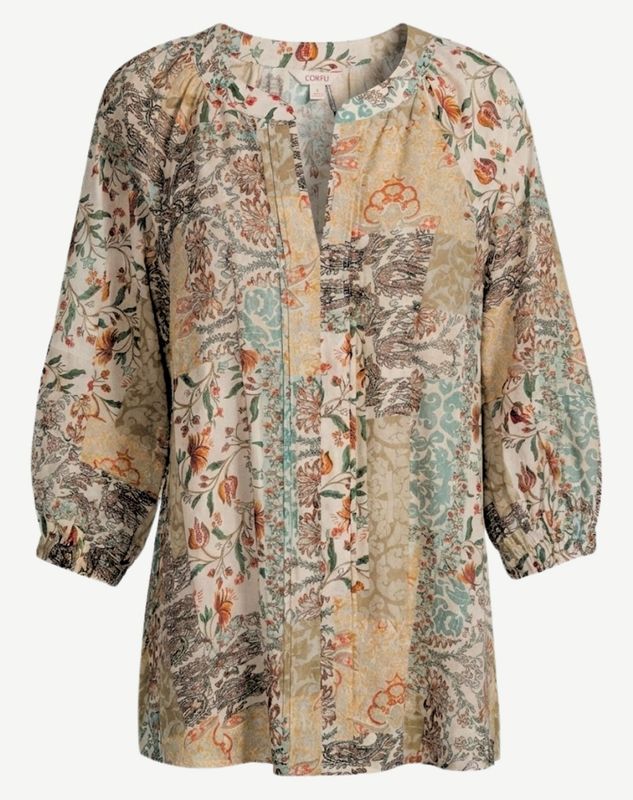 Corfu - Linen Patchwork Soft Print Blouse / S2626529