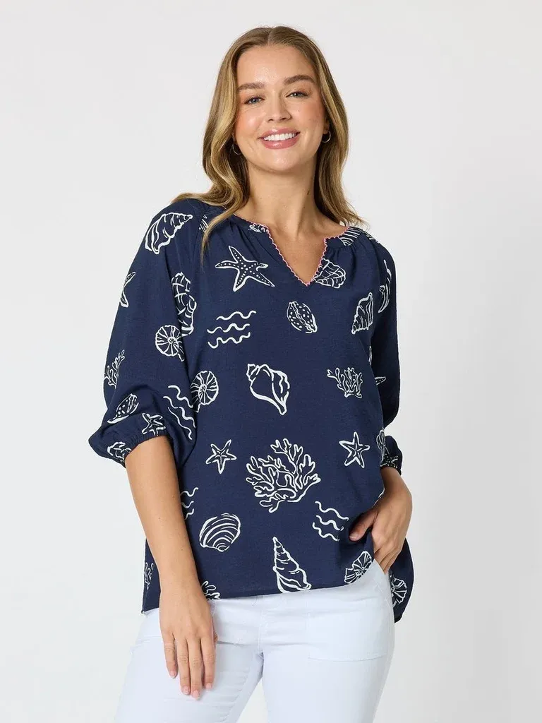 Threadz - Montecito Print Top - Navy/White 50297