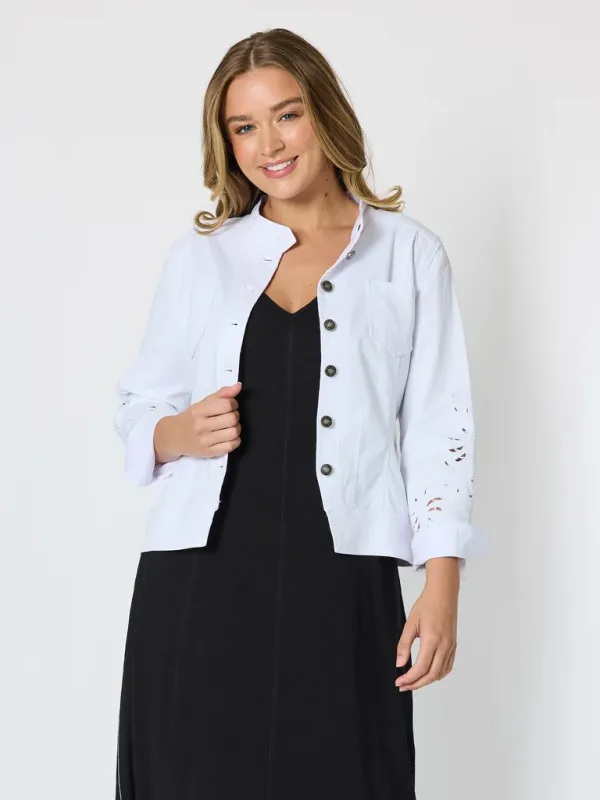 Threadz - Gisele Embroidered Denim Jacket - White 50176