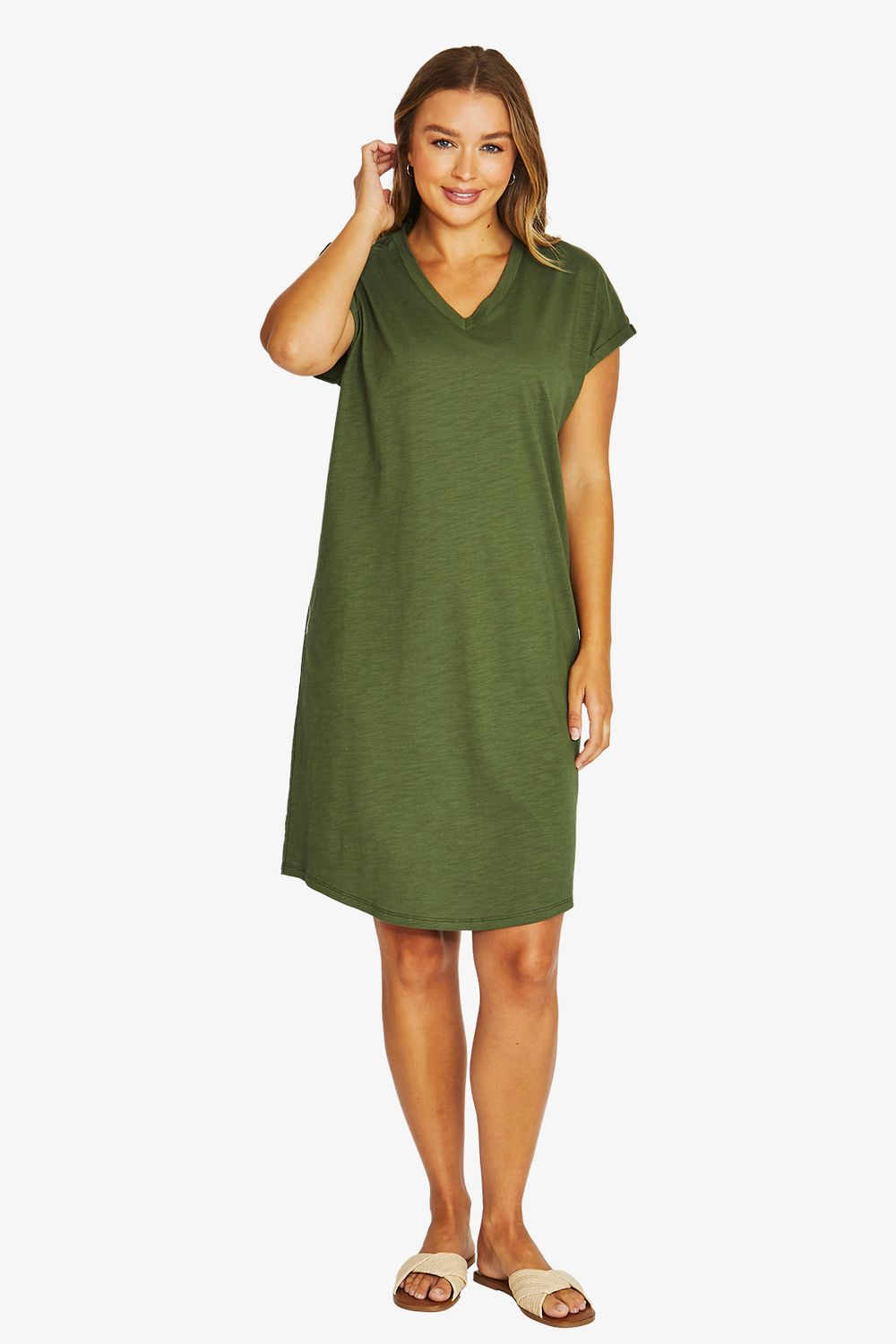 Jump - V-Neck Slub Dress - Evergreen 61615016A