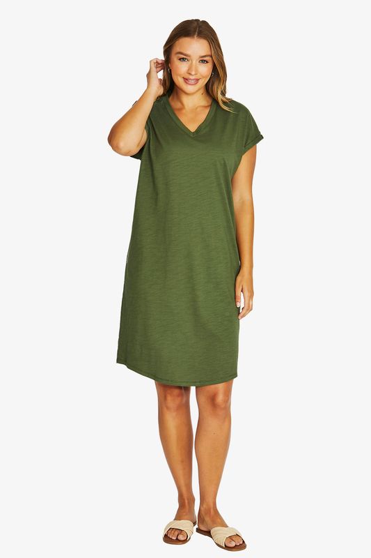 Jump - V-Neck Slub Dress - Evergreen 61615016A