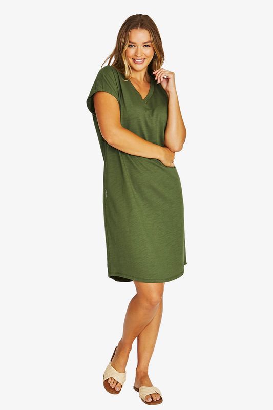 Jump - V-Neck Slub Dress - Evergreen 61615016A