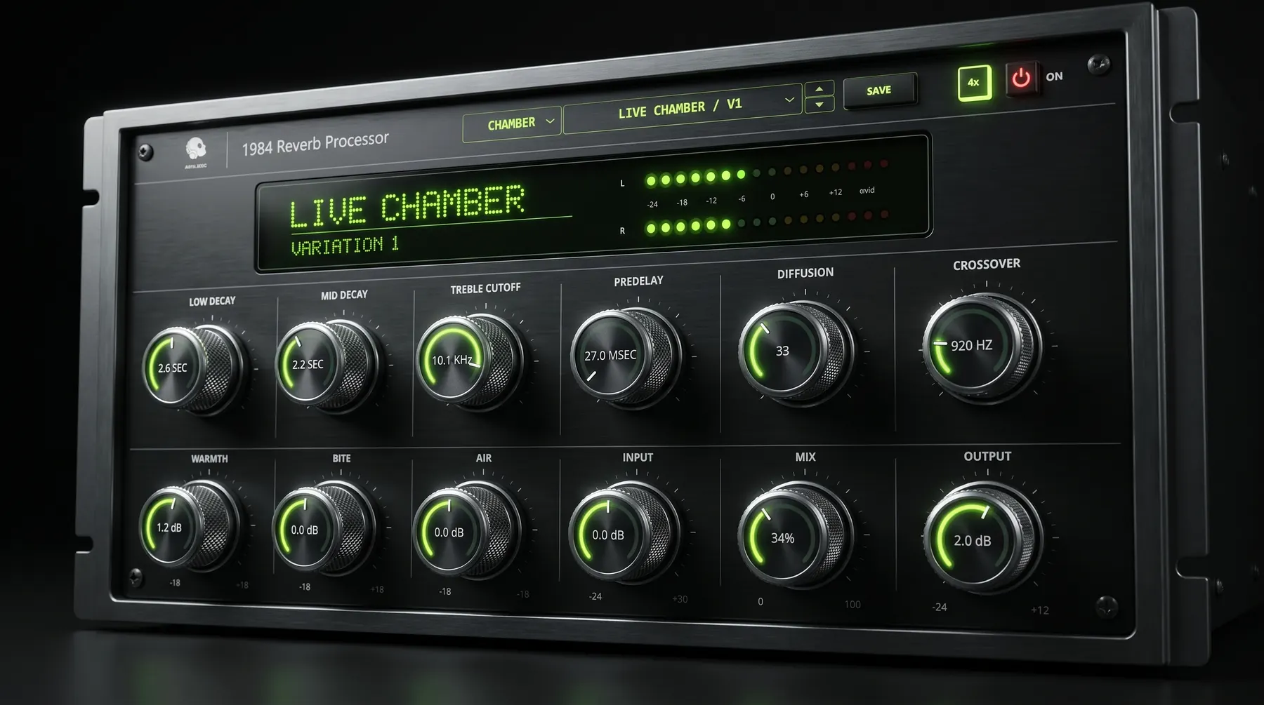 1984 Reverb Processor imagined as black studio rack hardware with illuminated green controls