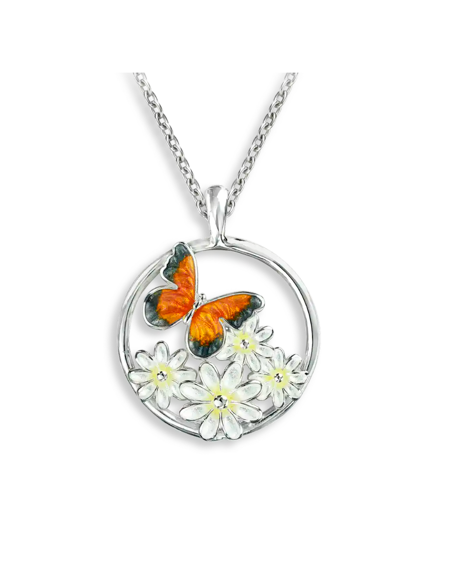 ENAMEL BUTTERFLY AND DAISIES PENDANT