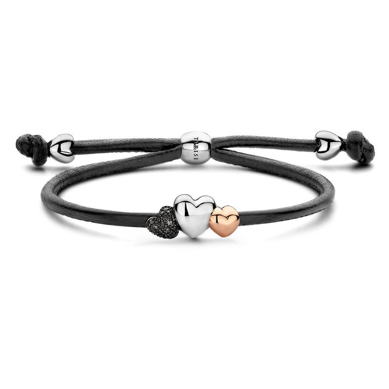 TRIPLE MARCASITE AND TWO-TONE HEARTS ON BLACK LEATHER