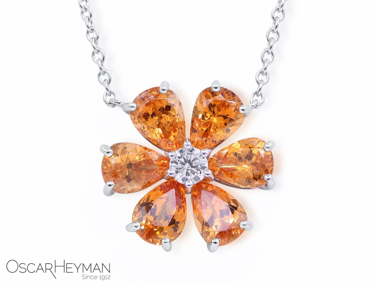 PLATINUM SPESSARTITE GARNET DIAMOND FLOWER PENDANT