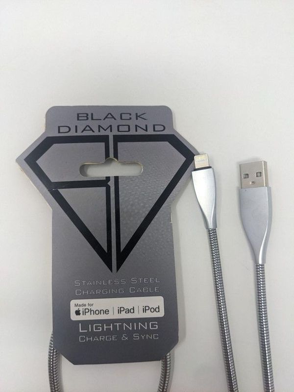 Black Diamond Stainless Steel Fast Charger Silver USB to Lightning Cable(6FT) (12 Pack)