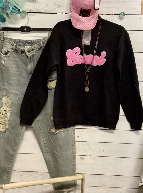 Black Sweat Shirt With Pink Gucci Patch