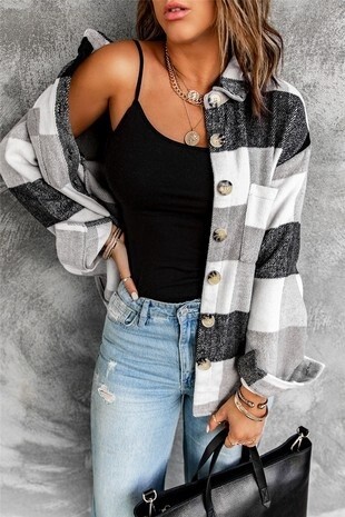 Gray Plaid Block Buttoned Shacket With Pockets
