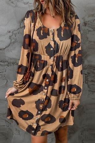 Buttoned Front Bubble Sleeve Loose Knit Dress
