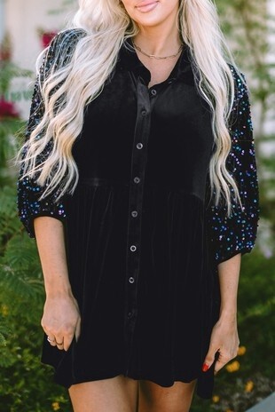Black Sequin Buttoned Velvet Peplum Shirt