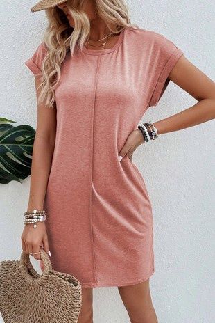 Center Seam Rolled Cuffs T-Shirt Dress