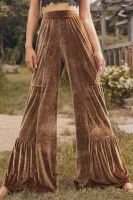 Chestnut Ruffled Hem Wide Leg Velvet Pants