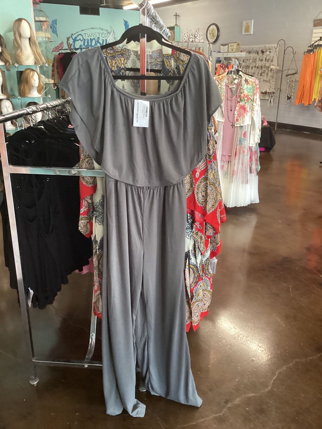 Solid Color Off Shoulder Jumpsuite Grey