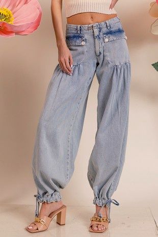 Washed Denim Wide Leg Pants With Tie Hem Detail