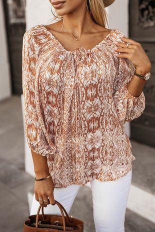 Drawstring Neckline Printed Blouse
