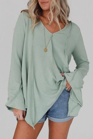 Green Ribbed Exposed Seam Bell Sleeve Top