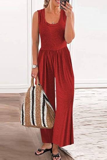 Scoop Neck Wide Leg Jumpsuit Red