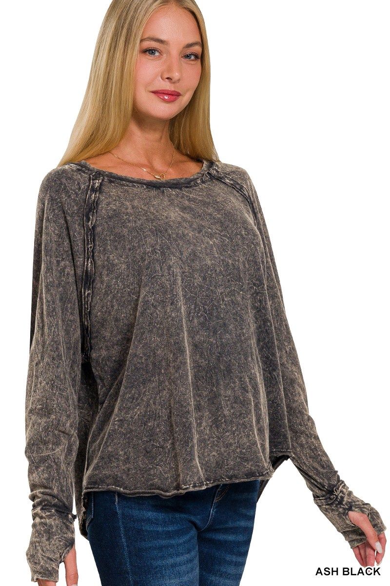 Crinkle Washed Thumb Hole Cuffs Long Sleeve Top