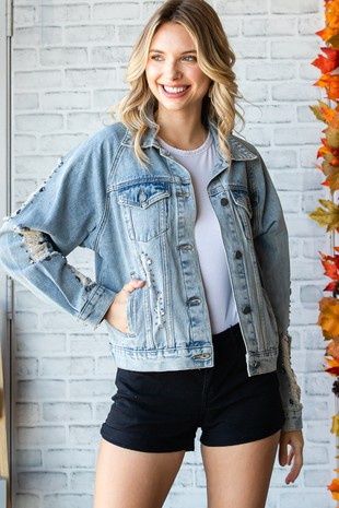 Rhinestone Distressed Denim Jacket