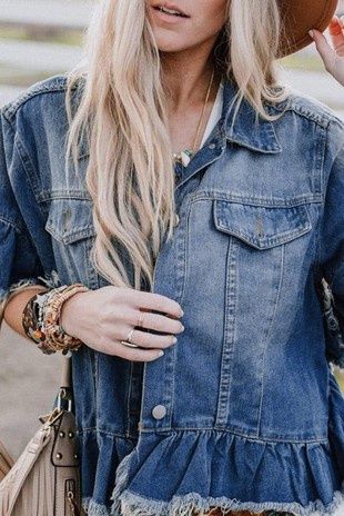 Blue Raw Edge Ruffled Short Sleeve Deniem Jacket