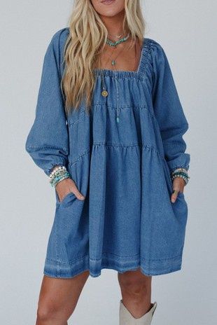 Square Neck Pockets Loose Fit Denium Mini Dress