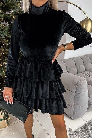 Black Velvet High Neck Tired Ruffle Mini Dress