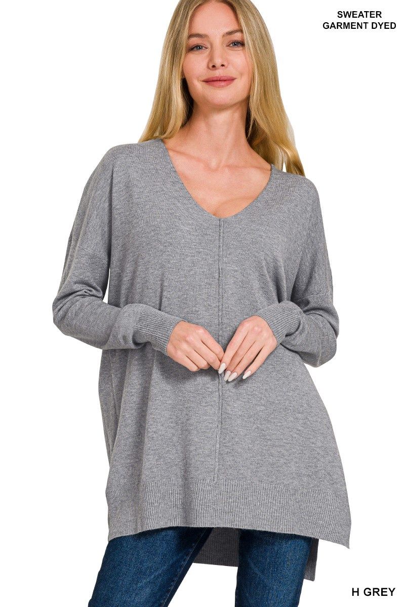 Hi-Low Hem V-Neck Center Seam Sweater
