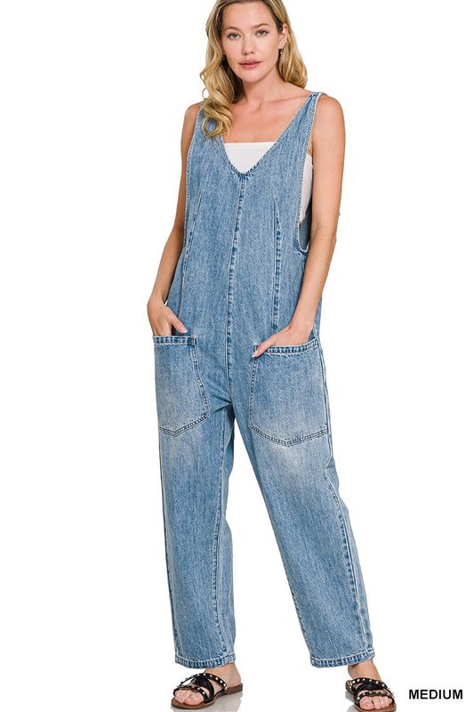 Denim Adjustable Strap Baggy Jumpsuit With Pocket