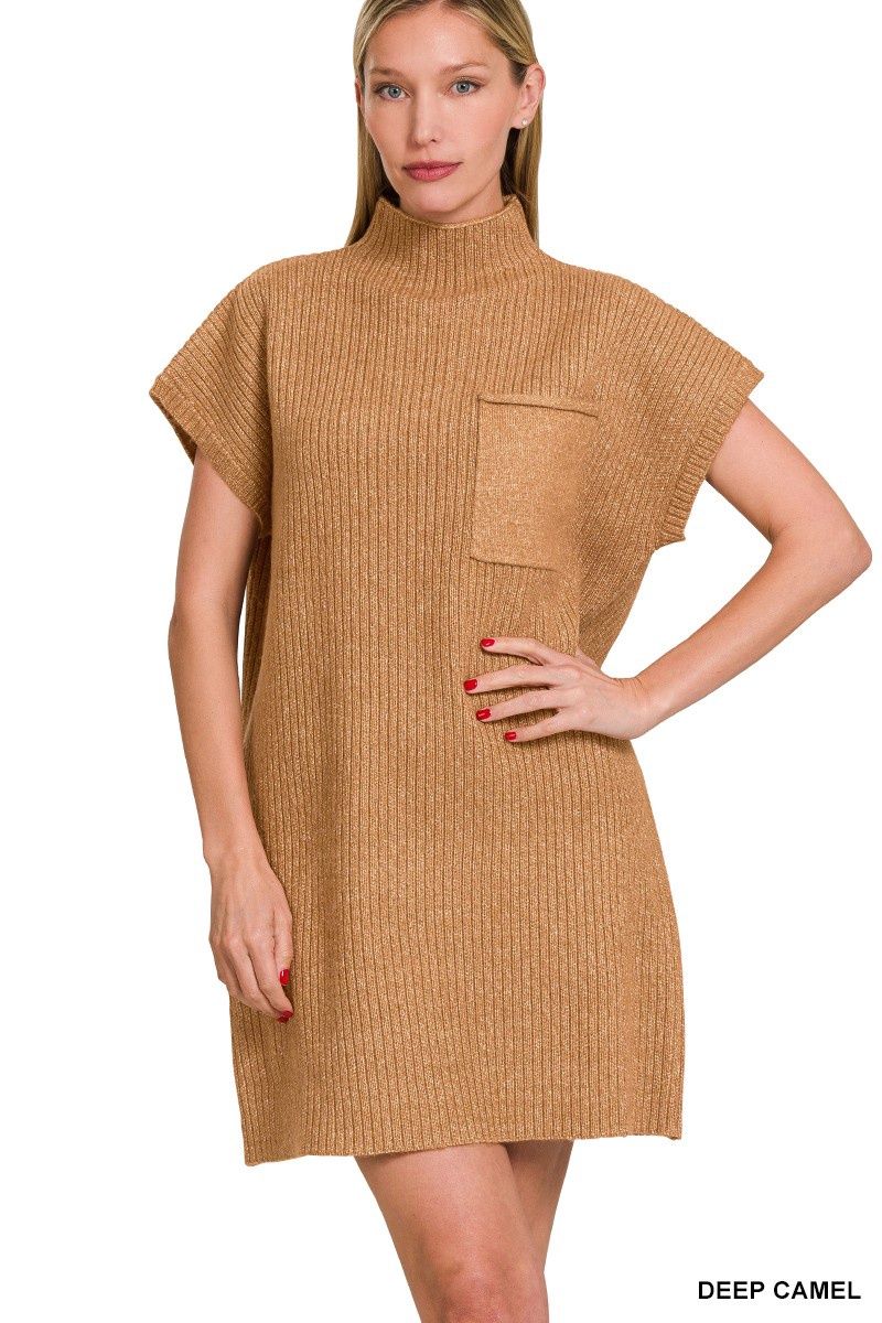 Mock Neck Short Sleeve Sweater Dress With Pocket