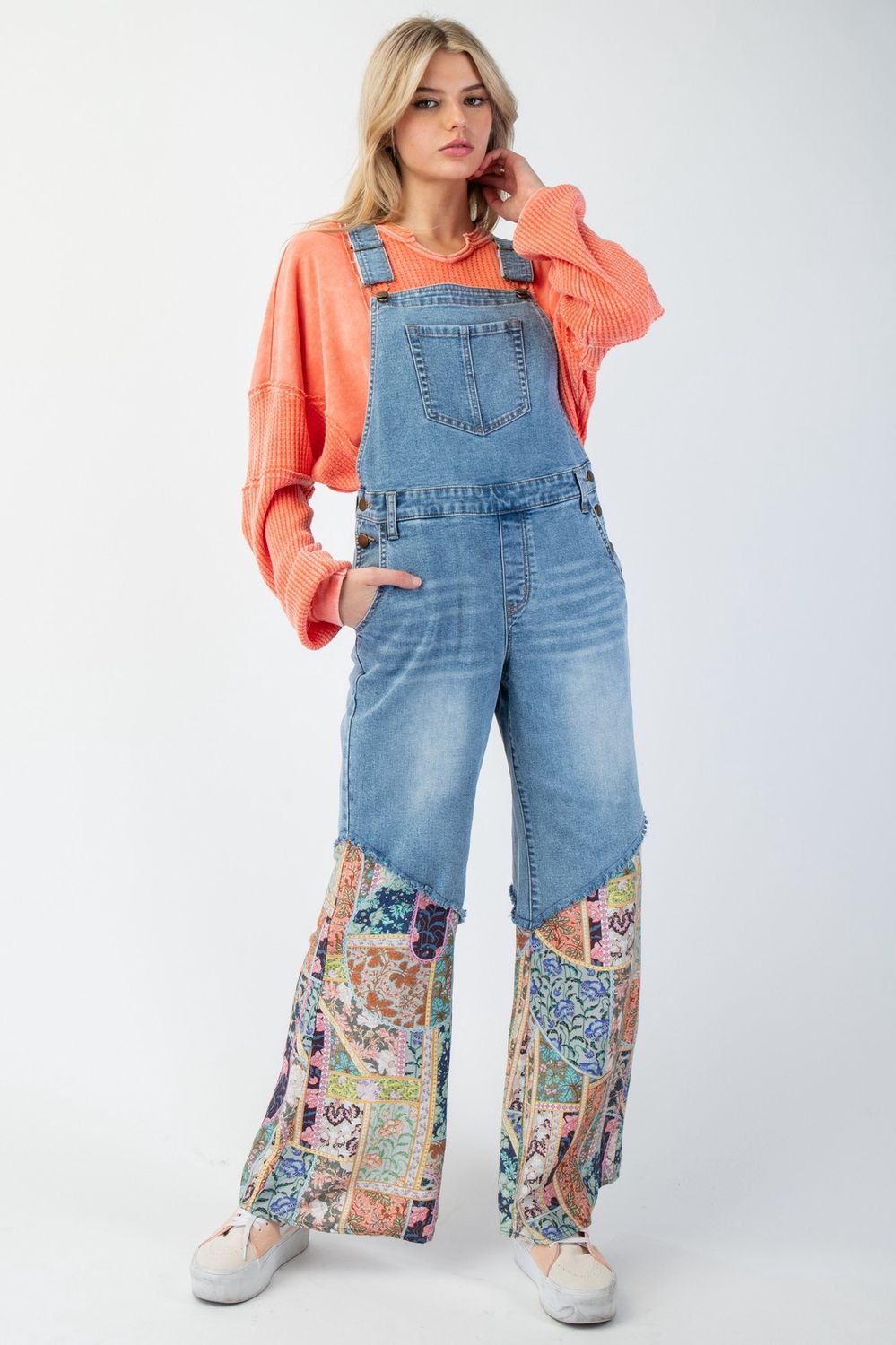 Washed Print Bottom Denim Overall Pants