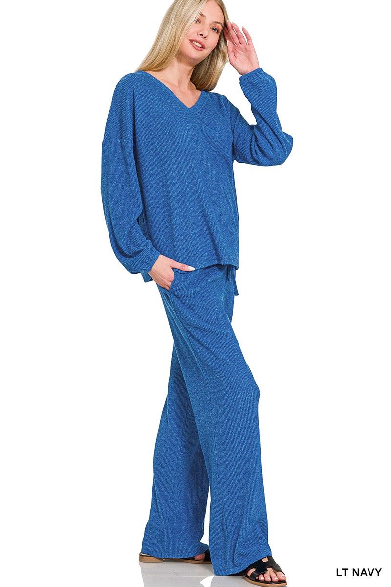 Brushed Hacci Long Sleeve &amp; Pants Set Blue