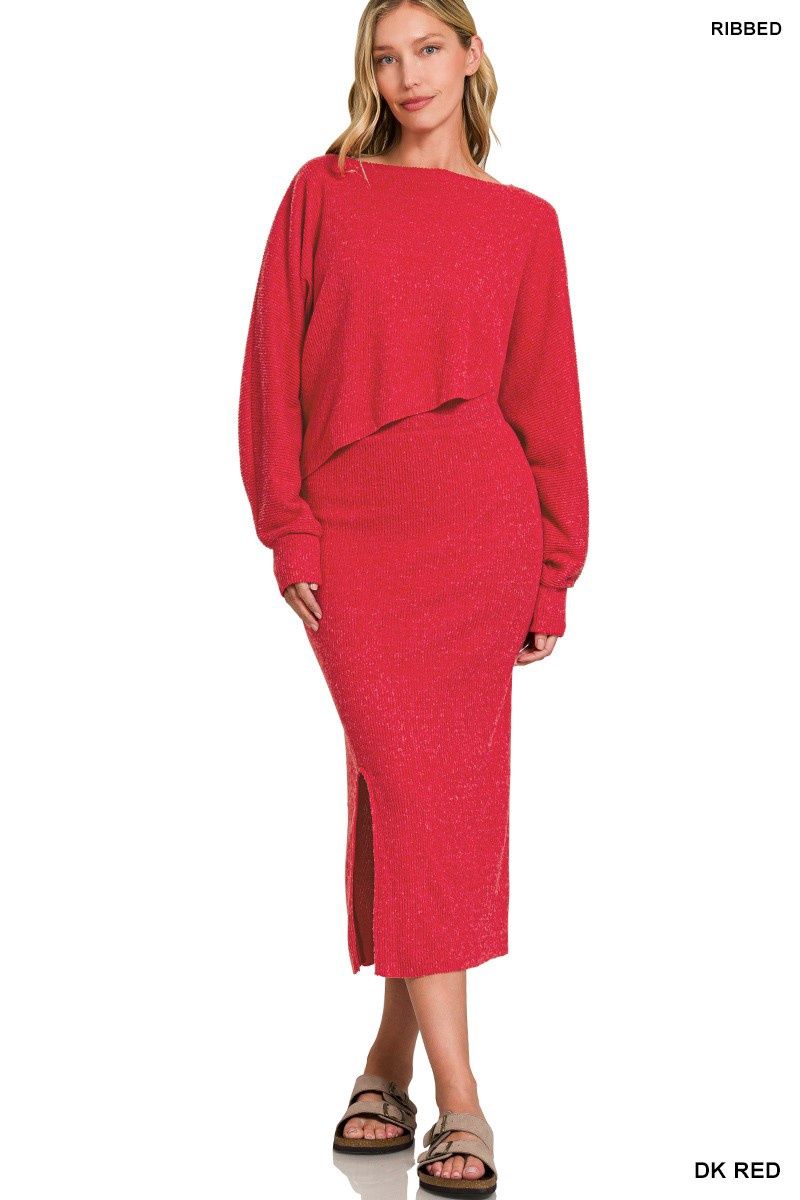 Ribbed Asymetric Hem And Sleeve Top &amp; Skirt Set