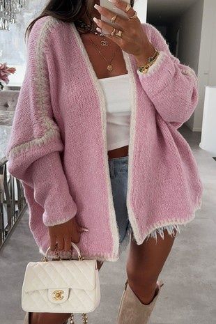Chunky Knit Tweed Cardigan Contrast Knitted Coat
