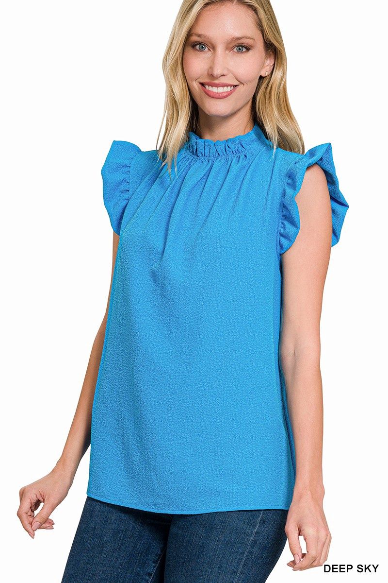 Woven Bubble Airflow Mock Neck Top