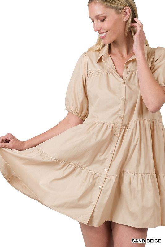 Woven Puff Sleeve Ruffle Hem Shirt / Dress