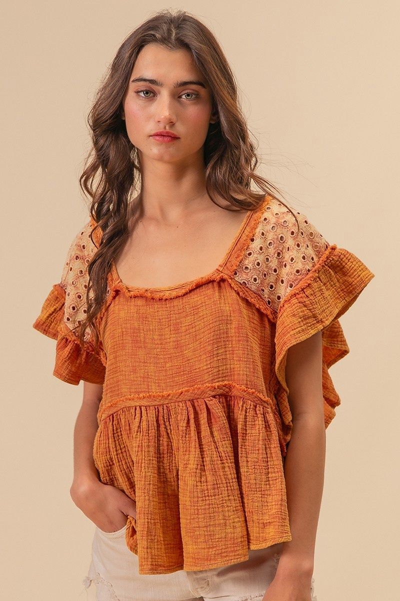 Mineral Washed Guaze Flutter Top With Eyelet Lace Blocks