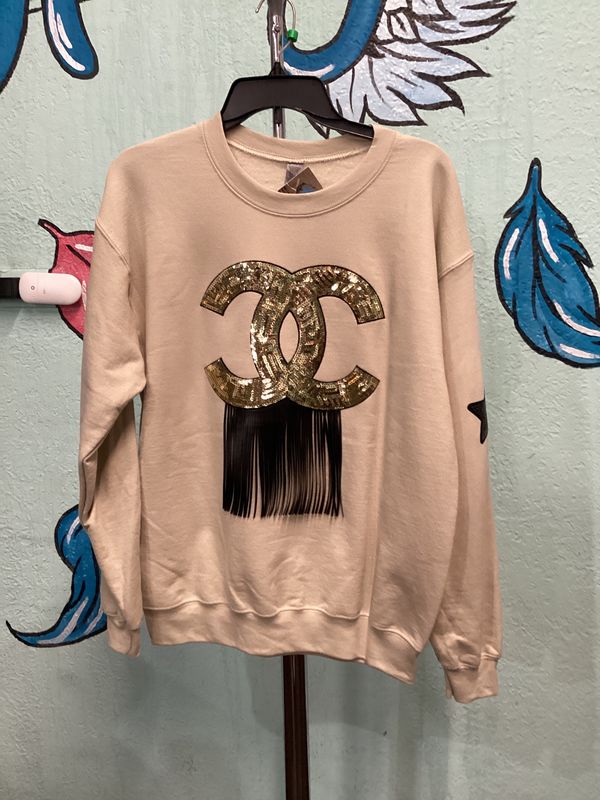 Tan Sweatshirt with Gold With Fringe Channel
