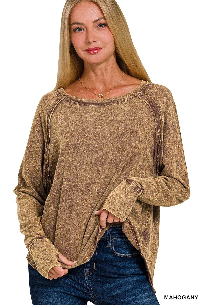 Crinkle Washed Thumb Hole Cuffs Long Sleeve Ash Mocha