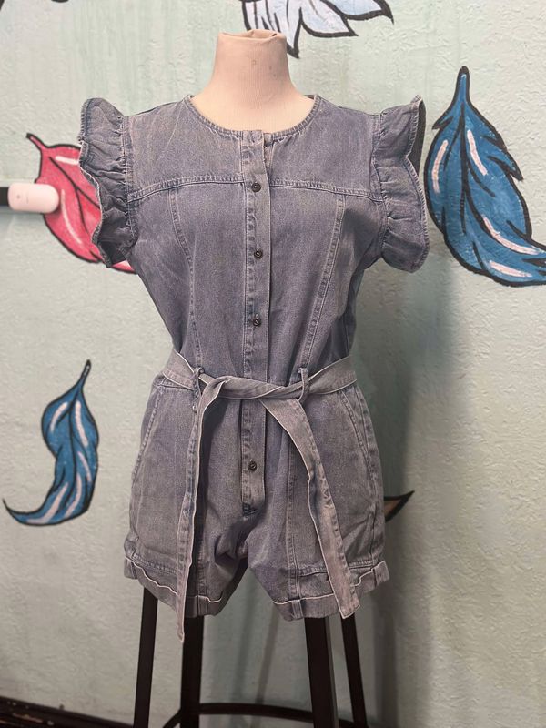 Romper Denim Ruffled Sleeve With Belt