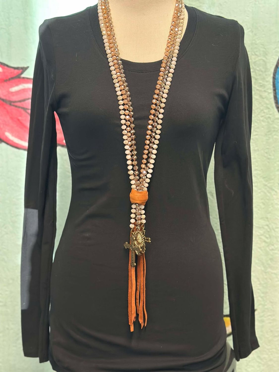 (3) Beadeded Necklace with leather strap and Cross Multi Dangel