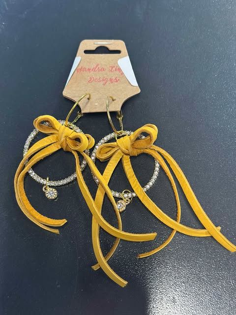 Sandra Ling Bow Crystal Hoop Earrings, Color: Mustard