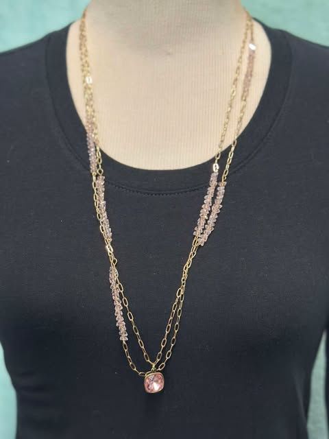 Long Gold Chain Necklace With Pink Crystal Charm Drop
