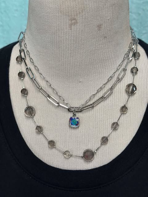 Long Paperclip Chain and Bead Necklace With Austrian Crystal Pendant